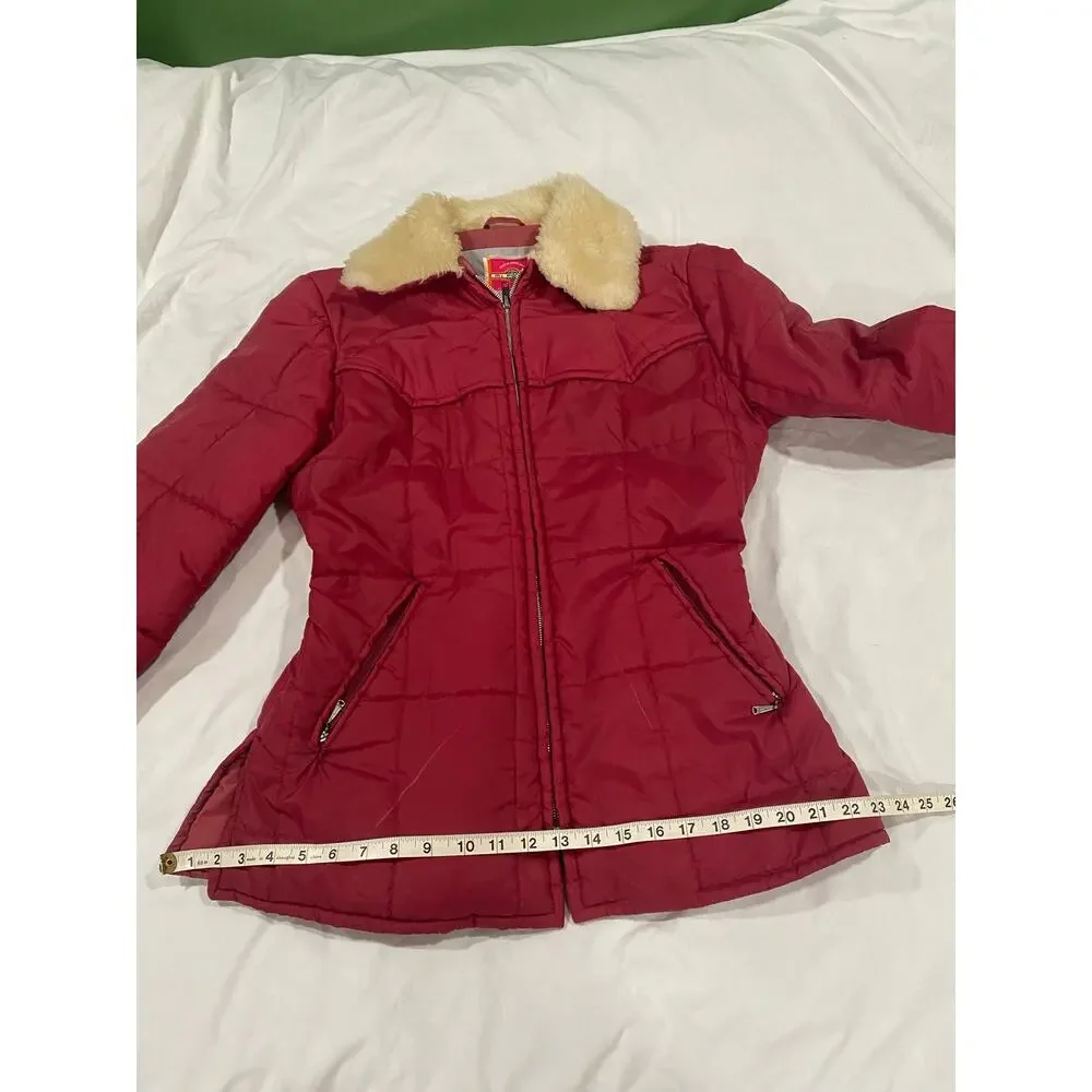 Vintage Ms. Pioneer 70s 80s Red Puffer Coat Faux Fur Collar Size 14 Girls